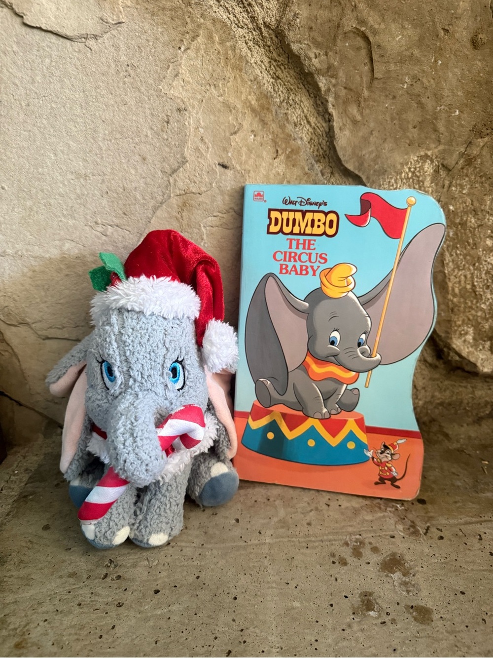 Disney Dumbo Plush Toy Gray with Red Holiday Hat and vintage kids book
